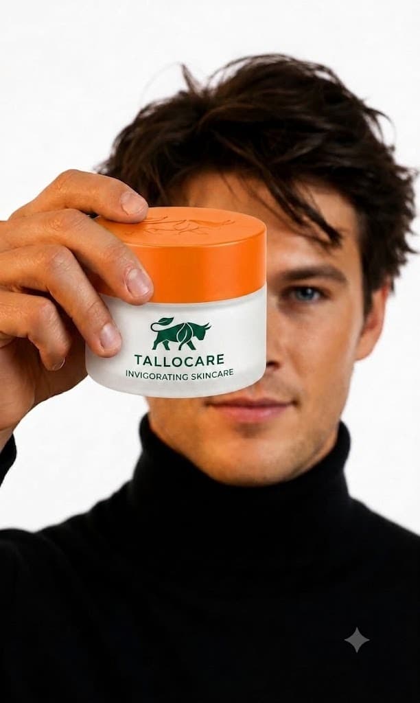 Model holding TalloCare invigorating skincare balm