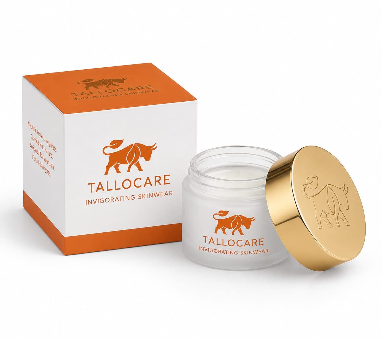 TalloCare box with open jar and gold lid