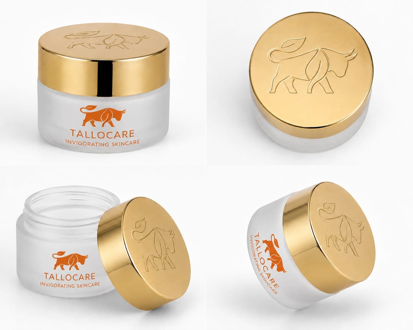 TalloCare jar with gold lid — four views
