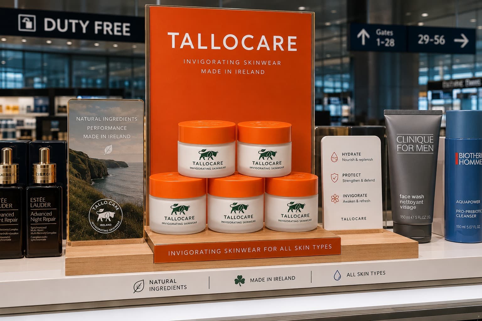 TalloCare duty-free retail display with Irish coastal backdrop